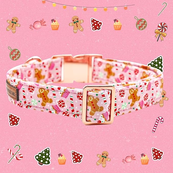 Elegant little tail Dog Collar, Christmas Pink Gingerbread Man Print Pet Collar Cute Dog Collars Male or Female Pet Gift Adjustable Dog Collar for Large Dogs