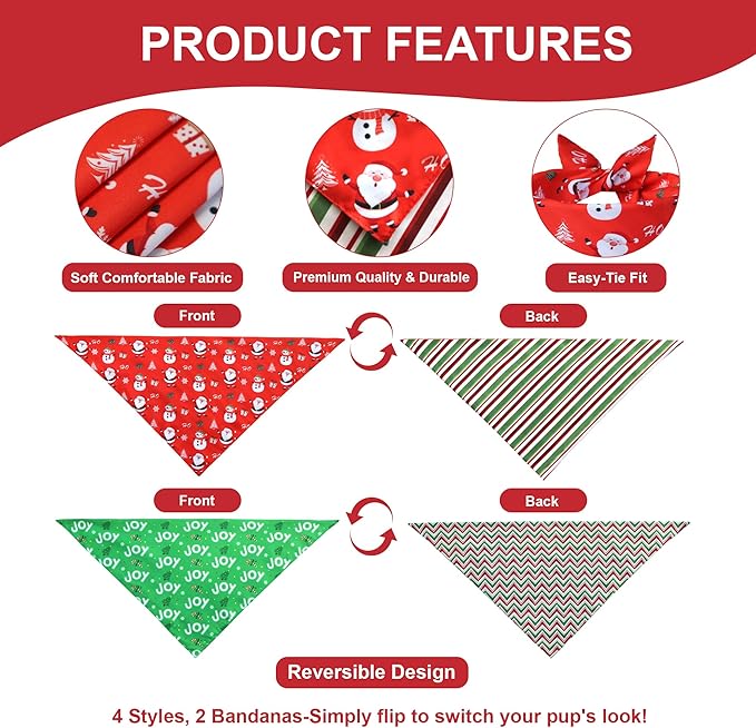 Christmas Dog Bandanas 2-Pack for Large X-Large Dogs - Reversible Santa & Stripes Print Scarf, Red & Green Pet Costume Accessory for Holiday Parties
