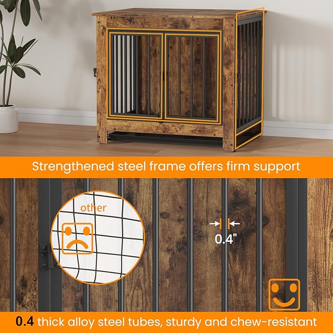 Dog Crate Furniture, 29 Inch Indoor Dog Kennel for Small Dogs Up to 30 LBS, Heavy Duty Wooden Pet Cage End Table with 3 Doors, Alloy Steel Frame & Removable Tray