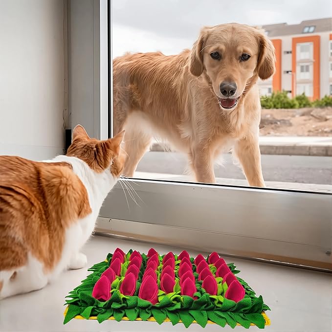 Snuffle Mat for Dogs, Cats, Rabbits, Guinea Pigs, Durable Washable Pet Feeding Mat, Flower & Grass Slow Feeder, Nose Work Training Pad, Anxiety Relief & Mental Stimulation(S, Rose Red)