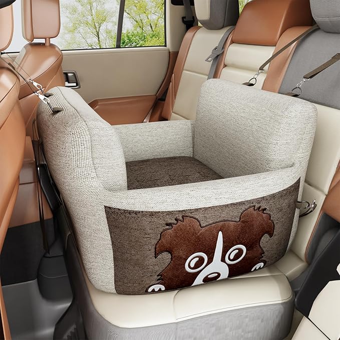 Dog Car Seat for Small Dogs,Waterproof Dog Booster Car Seat with Storage Pockets,Pet Carseat Puppy Travel Carrier Bed,Thickened Memory Foam Filling, Beige & Brown