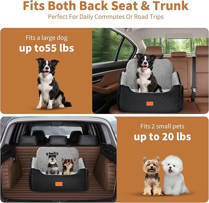 XEEP 2-in-1 Dog Car Seat for Medium/Large Dogs Up to 55 lbs – Dual-Use Booster Seat with Memory Foam, 2 Safety Leashes 2 Height-Adjust Cushions Bonus Urine Pad & Blanket, Removable Washable Cover Grey