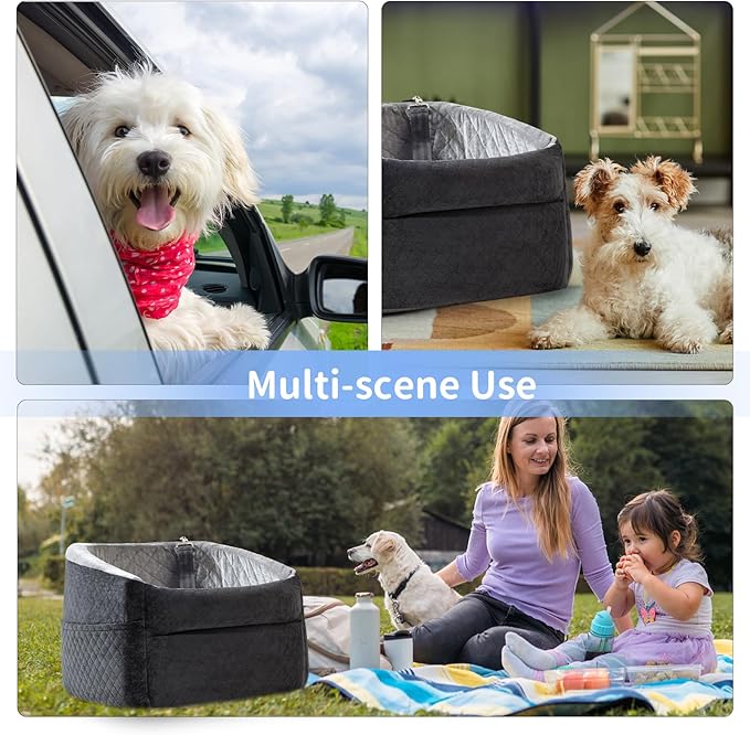 Car Dog Bed - Memory Foam Puppy Car Booster Seat with Safety Leash, Washable, Medium/Small Dogs