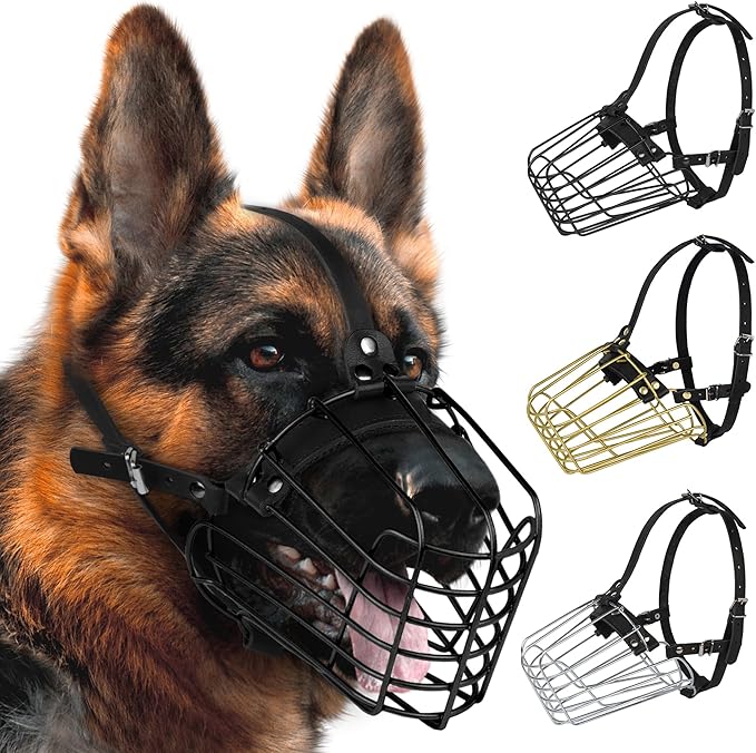 German Shepherd Dog Muzzle Metal Basket for Medium Large Dogs Adjustable Durable Leather Straps Secure Wire Mask for Biting Chewing Barking (M - Size)