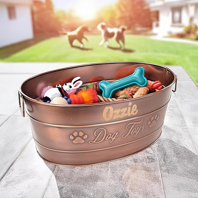 BREKX Personalized Metal Dog Toy Bin - Copper Galvanized Storage Bin with Handles, Basket for Pet Toys, Dog Toy Box, Pet Storage - Custom Dog Name Gift (Large)