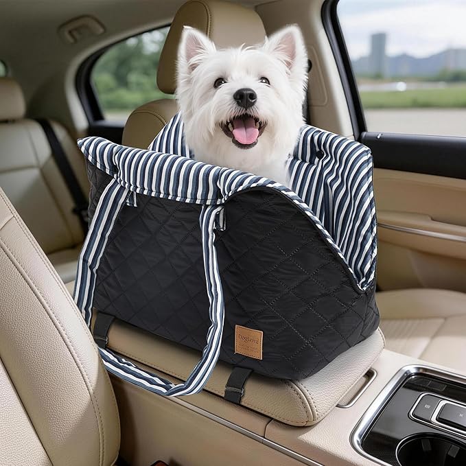 Small Dogs Under 12 lbs Adjustable Portable Center Console Car Seat, Built-in Bubble wrap, Fits Most Cars & SUVs with Convenient Handbag Functionality, Stylish Travel Pet Bag (Black)