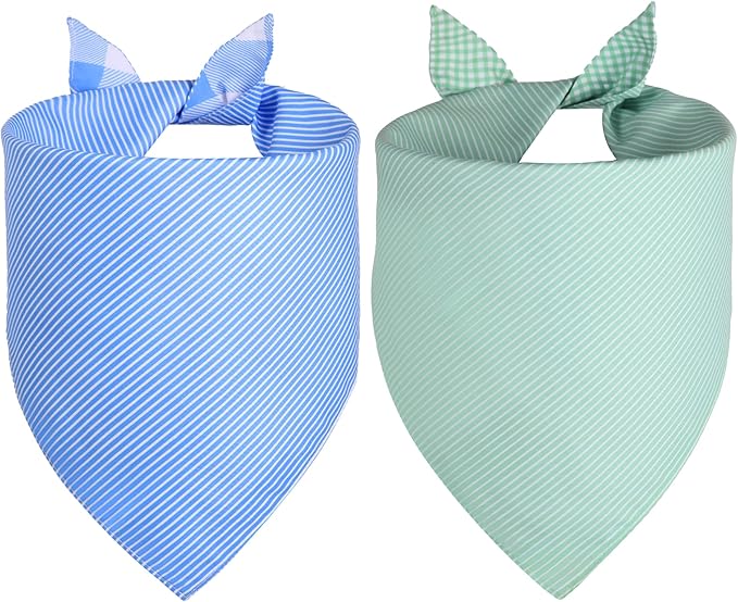 Plaid Dog Bandanas 2-Pack for Medium to Large Dogs - Reversible Gingham & Stripe Scarf, Blue & Mint Green Pet Accessory for Spring Summer