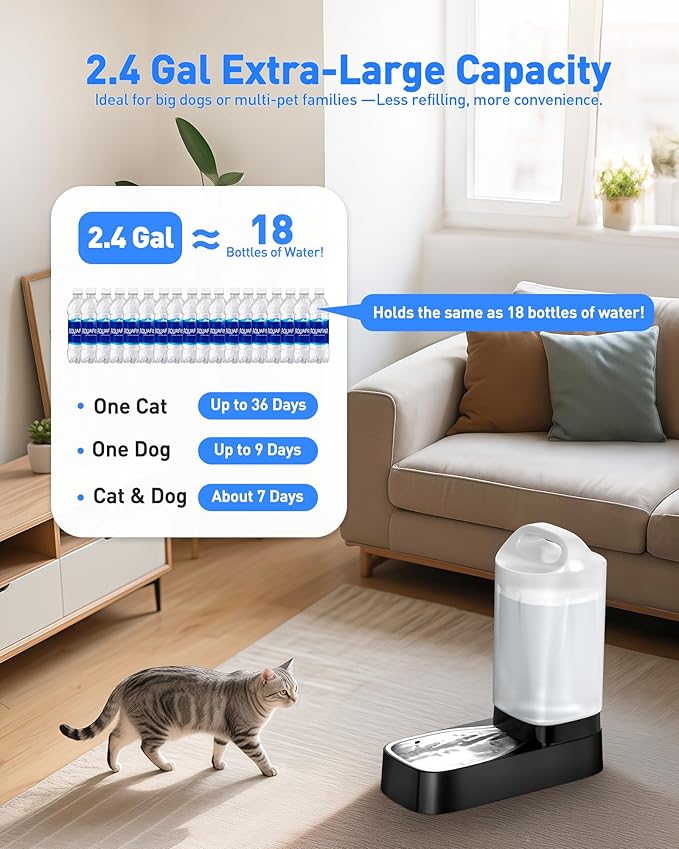 Automatic Dog Water Bowl Dispenser with 4 Filter - 2.4 Gal Large Gravity Auto Pet Water Feeder Waterer with Stainless Steel Bowl & Easy Carry Handle for Large Dog Cat Multi Pet Use