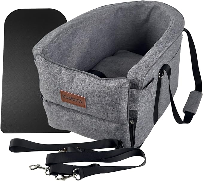 Kumdita' Center Console Car Seat & Carrier for Small Dogs & Cats with Dual Over-Seat Straps, Sewn-in Safety Leash & PE Board Base (Grey)
