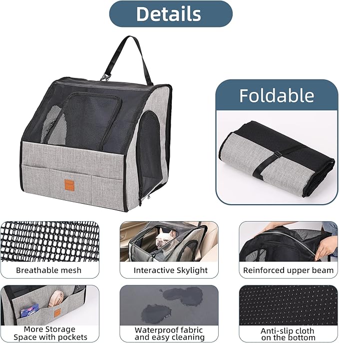 Travel Safety Carrier for Pets, Collapsible Dog Crate for Car Travel, Portable Car Seat Kennel for Small Medium Dogs Cats with Storage, Soft Dog Soft-Sided Carrier with Mesh Zipper Windows M