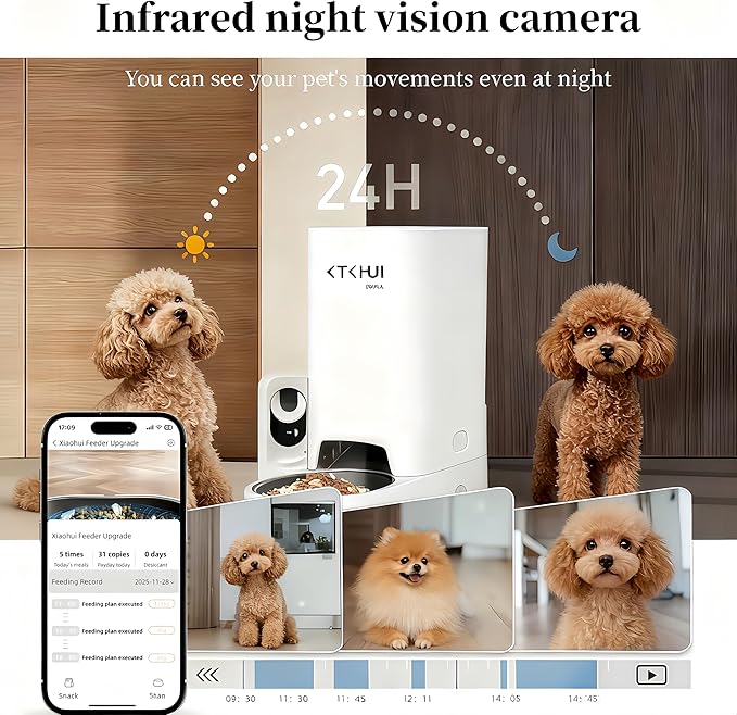 Automatic Dog Feeder with Camera, 1080P HD Video with Night Vision, Scheduled Automatic Pet Feeder, Separated Design Wide Grain Path with 2-Way Audio ＆ Feeding Call Function for Small Dog & Cat