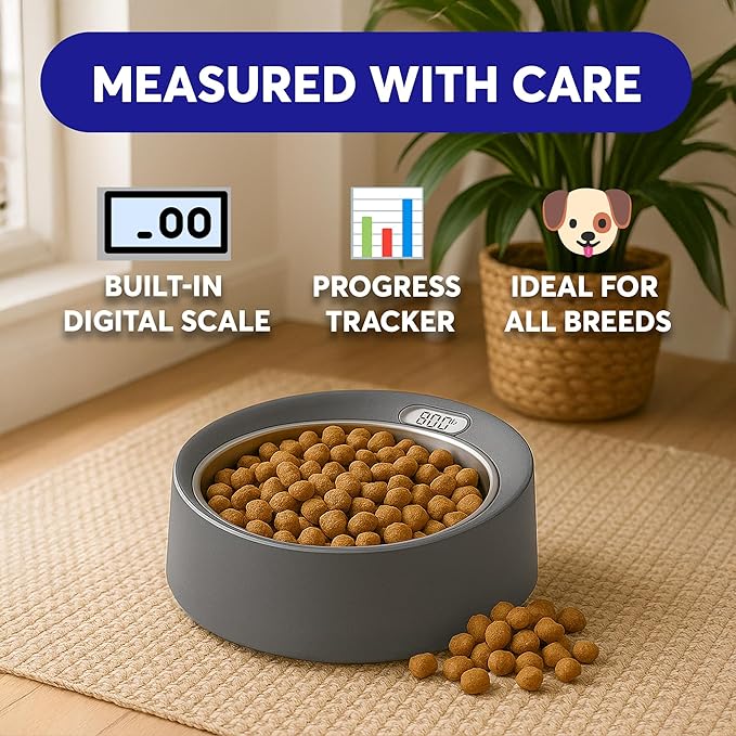 BowlScale Stainless Steel Digital Pet Feeding Bowl with Built-in Food Scale, Removable Stainless Steel Dish, Portion Guide, and Non-Slip Base for Dogs and Cats