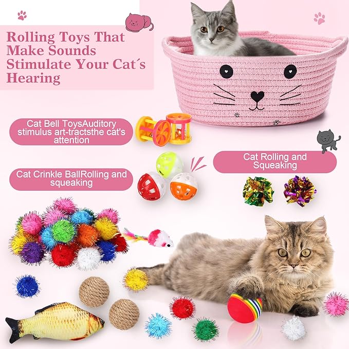 Zopeal 58 Pcs Cat Storage Basket Gift Toys Set, Colorful Flashing Balls Pet Bell Crinkle Balls Spring Toys Attract Cat to Swat, Hunt, Interactive for Pet(Pink,9.8 Inch)