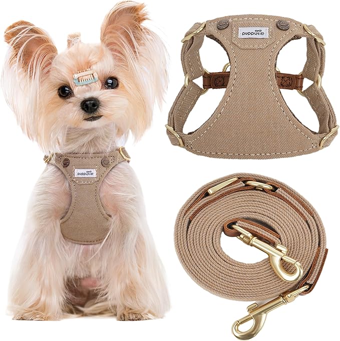 Puppytie No Pull Dog Harness with Multifunction Dog Leash,Soft Adjustable No Choke Escape Proof Pet Harness Vest for Medium Dogs,Denim Mocha Brown,M
