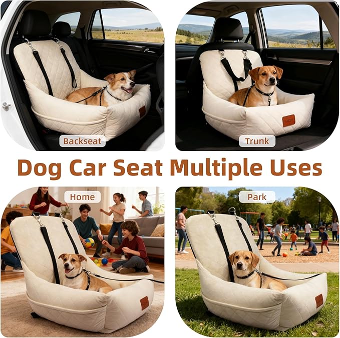 Dog Car Seat for Small Dogs, Fully Detachable and Washable Pet Booster Car Seats, Pet Travel Home Bed Ultra Soft Fabric, Adjustable Straps,Easy to Install, Beige
