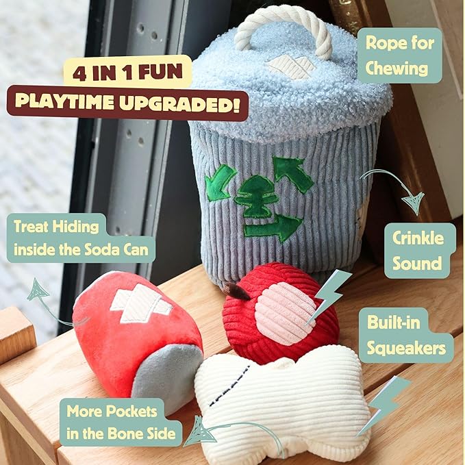 Dog Squeaky Toys, Plush Puzzle Dog Toy for Small Medium Large Dogs, Chew Fetch Brain Stimulating Toy, 3 Durable Small Dog Toys with a Big Trash Can