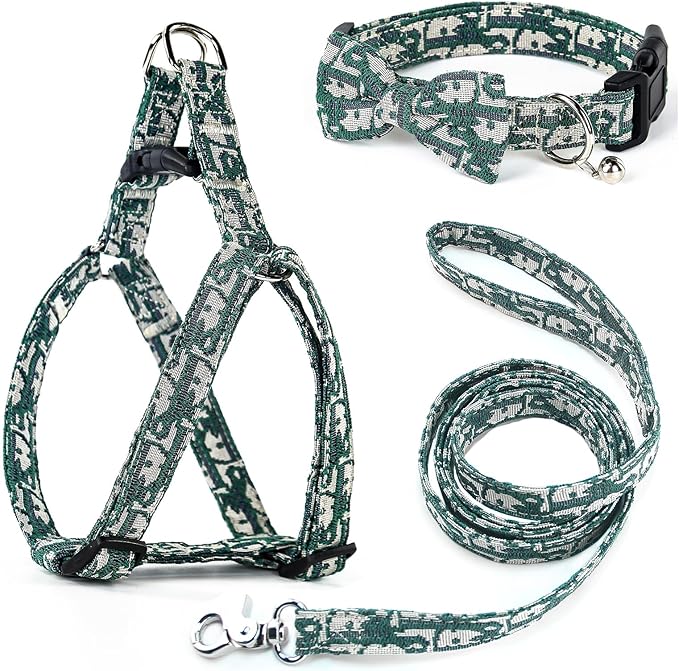 Dog Collar and Harness with Leash Set, Breathable Puppy Harnesses for Small Dogs, No Pull Easy Walking Pet Harness, Green, S