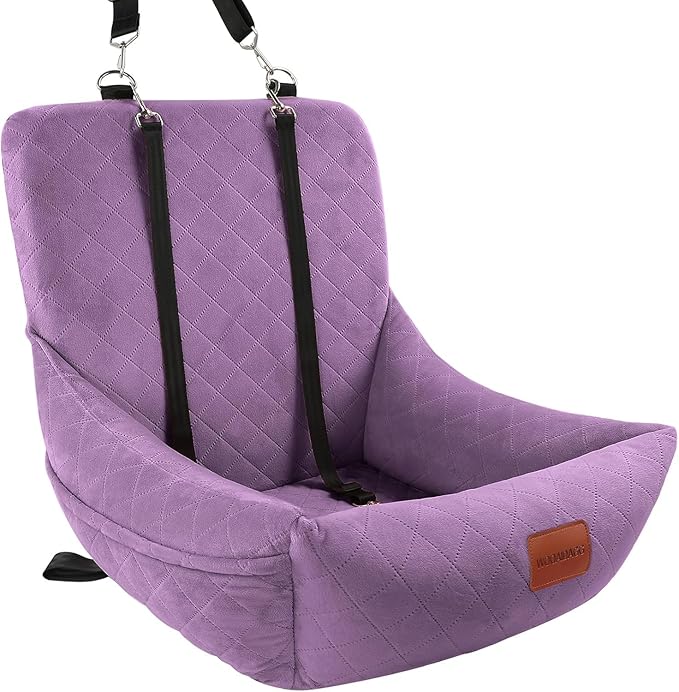 Dog Car Seat for Small Dogs Up to 25lbs,Soft Washable Fabric Fill in Memory Foam,Easy to Assemble with 2 Clip-On Safety Leashes and Storage Pockets,Front or Back Seat are Both OK(Purple)