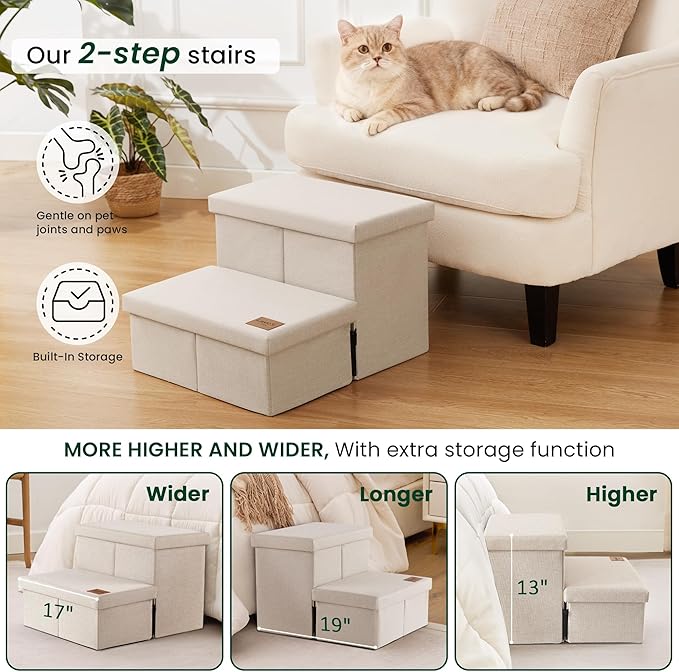 Love's cabin Dog Stairs with Storage 13" H,Foldable Pet Stairs for Small Medium or Large Dogs,Cat Puppy Steps Ramp with Zip up to 150 lbs(Beige,2 Steps no Condo)