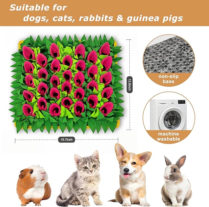 Snuffle Mat for Dogs, Cats, Rabbits, Guinea Pigs, Durable Washable Pet Feeding Mat, Flower & Grass Slow Feeder, Nose Work Training Pad, Anxiety Relief & Mental Stimulation(S, Rose Red)