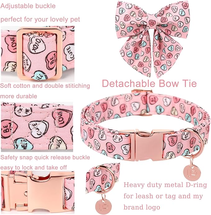 Valentine’s Dog Collar with Bow Tie, Pink Heart Bowtie Collar with Metal Buckle, Valentine’s Gift Pet Collar for Puppy Girl Boy Dog or Cat, Wedding Dog Collar, S
