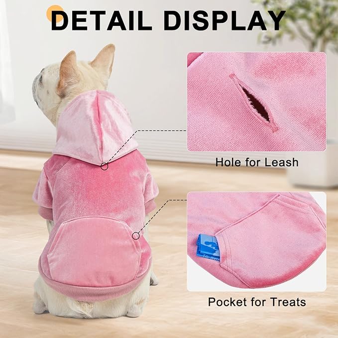 BEAUTYZOO Dog Hoodie Sweaters for Small Medium Dogs- Warm Fall Winter Fleece Jacket for Cold Weather, Soft Velour Hooded Coat with Leash Hole & Pocket, Puppy Sweatshirt Clothes Bulldog Schnauzer, Pink