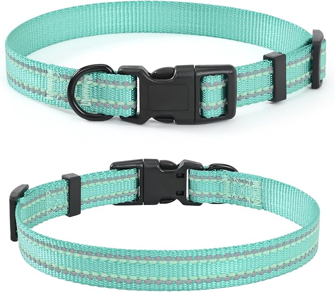 Mile High Life Reflective Dog Collar, Basic Dog Collars Adjustable Quick Release, Soft Nylon Pet Collar with Metal D-Ring for Small Medium Large Dogs (Green, L Neck15-19")