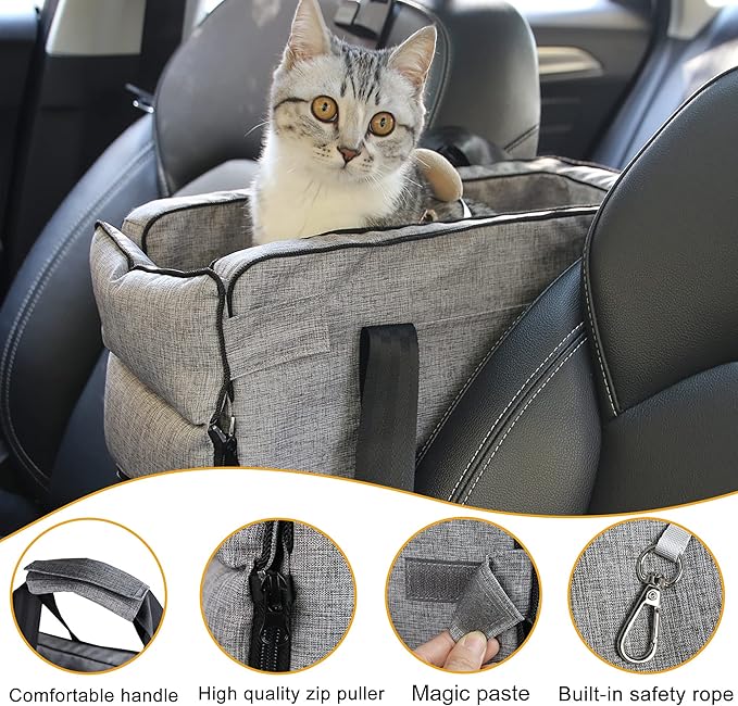 Pet Safety Booster Seat, Center Console Car Seat for Small Dogs Cats, Puppy Armrest Booster Seat, Pet Washable Travel Armrests Bed Bag, Removable Dog Car Seat for Small Pets Up to 13 Lbs (Grey)