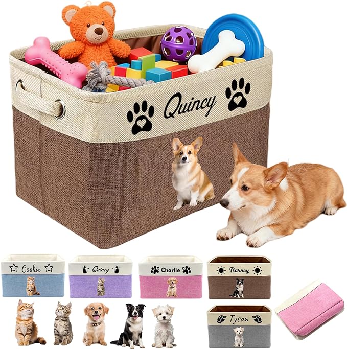 Personalized Dog Toy Basket with Name Photo Custom Cat Storage Organizer Box Collapsible Pet Chest Bins Customized for Toys Clothing-Brown