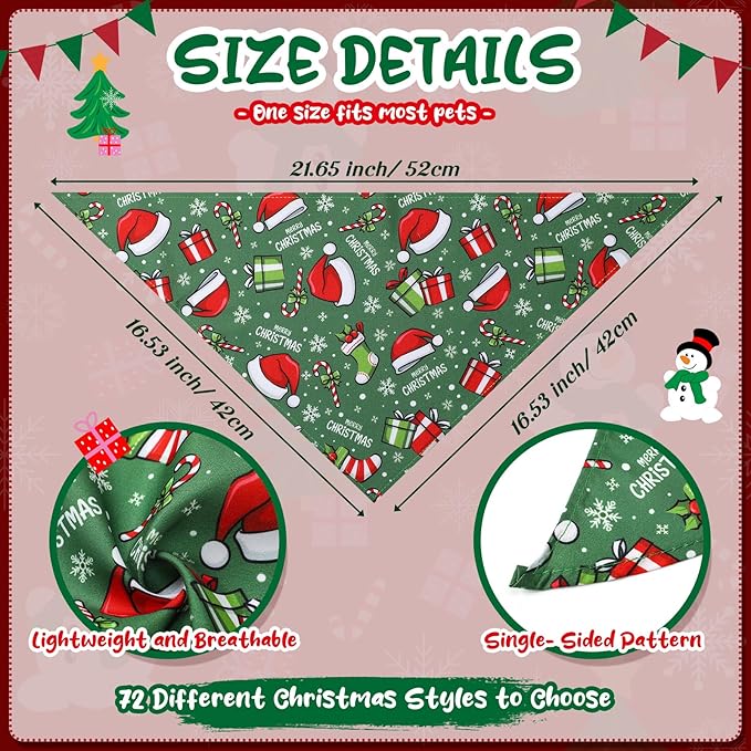 Reginary 72 Packs Christmas Dog Bandanas Bulk Santa Pet Scarf Bibs Triangle Dog Bibs Adjustable Bandana for Pet Costume Accessories