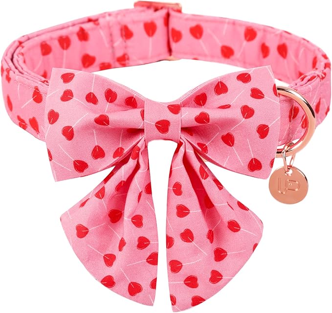 Valentine Dog Collar with Bow Tie, Valentine Bowtie Collar for Large Girl Dog, Cotton Collar with Durable Metal Buckle, Valentine’s Gift Pet Collar, L, Red Heart