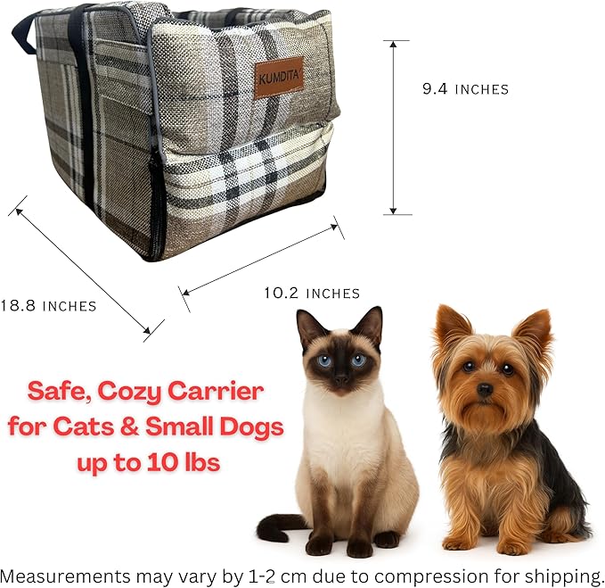 Kumdita' Center Console Dog Car Seat & Carrier for Small Dogs & Cats – Portable Booster with Sewn-in Leash, Machine Washable, Fits Most Vehicles (Classic Beige Check)