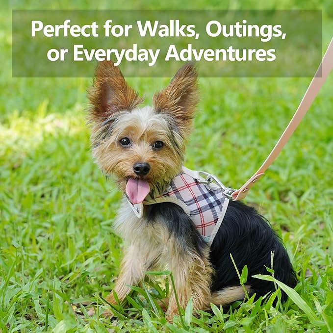 Dog Harness for Small Sized Dog,Hook-and-Loop Easy On/Off, Reflective Adjustable Soft Mesh Vest for Puppy (Checkered Beige,XXXS)