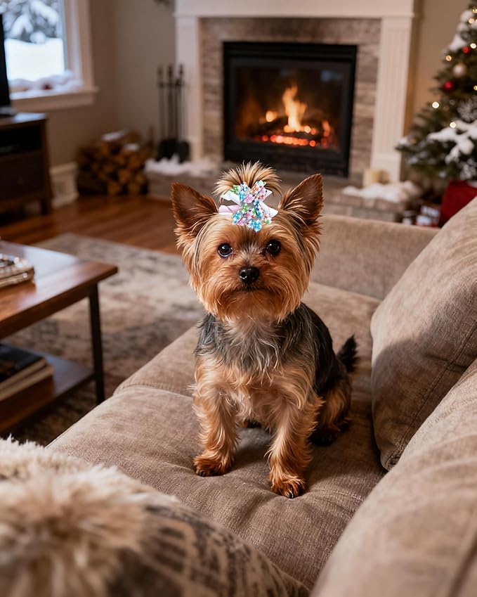 PET SHOW 20 Pack/10 Pairs Winter Curly Dog Hair Bows with Rubber Bands for Small Medium Dogs Spiral Puppy Swirl Topknot Cat Festival Snowflake Hair Accessories Pet Favor Gift (Winter Styles)
