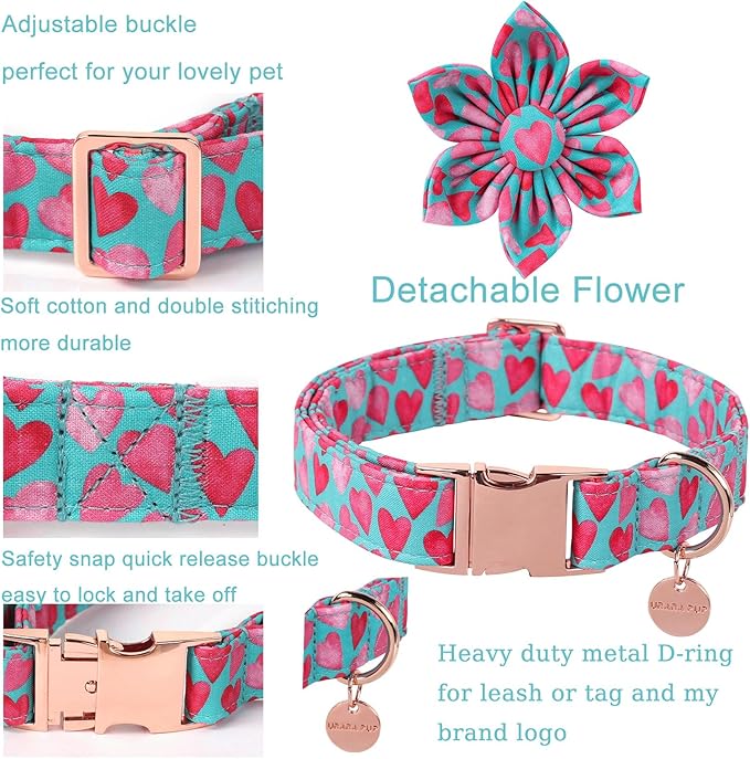 Valentine Dog Collar with Flower, Heart Flower Collar for Puppy Girl Boy Dog or Cat, Comfortable Dog Collar Flower with Durable Metal Buckle, Cute Pet Collar, M, Neck 13.5-22in