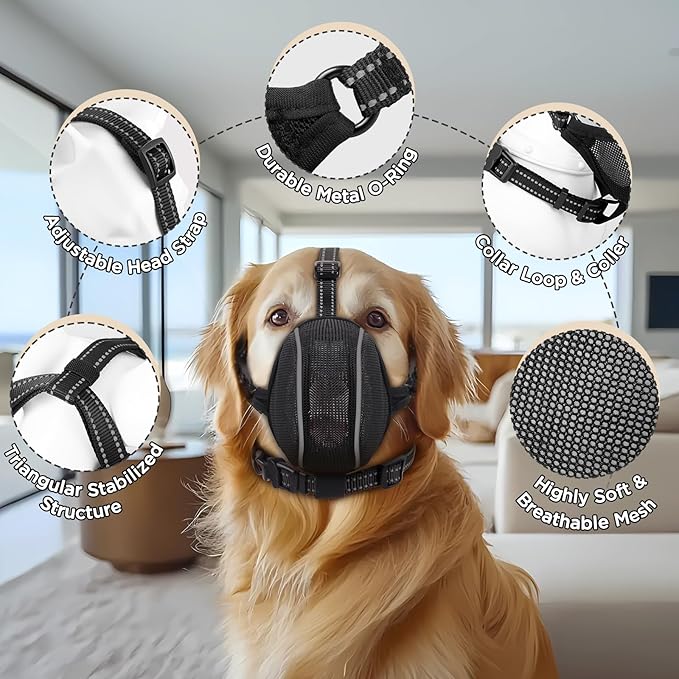 Dog Muzzle - Soft Breathable Mesh Nylon Adjustable Muzzle for Small Medium Large Dogs Prevents Chewing,Biting & Scavenging | Allows Panting, Drinking & Grooming | Secure Collar Strap Design(Black XXL)