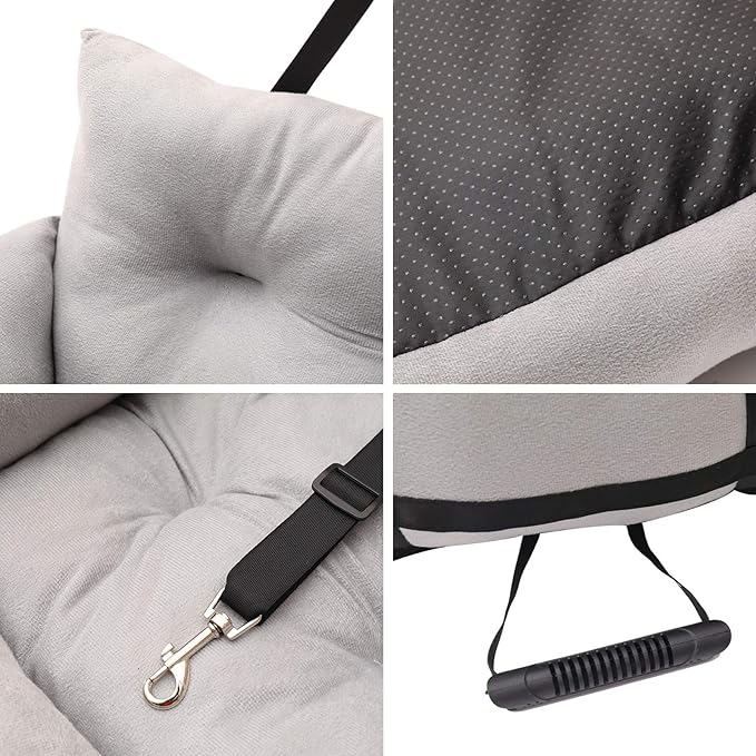 Dog Car Seat Puppy Booster Seat Travel Safety Carrier Bed with Storage Pocket Clip-On Safety Leash Non-Slip Base for Puppy, Small Pet with Removable Cushion, Easy to Clean