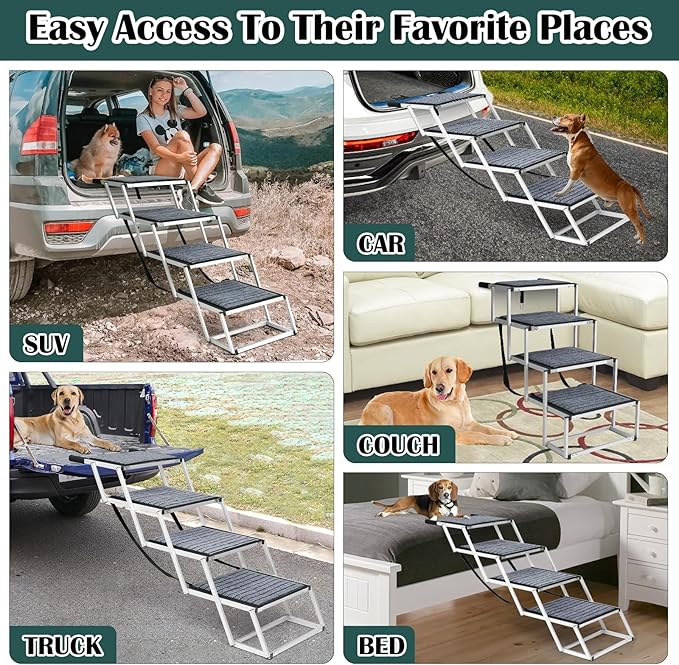 Dog Ramp for Car, Extra Wide Dog Car Stair for Large Dogs, Pet Steps Lightweight Aluminum Foldable Dog Steps for Cars and SUV,High Beds, Trucks, Supports up to 200 lbs (Extra Wide-4 Steps with Rug)