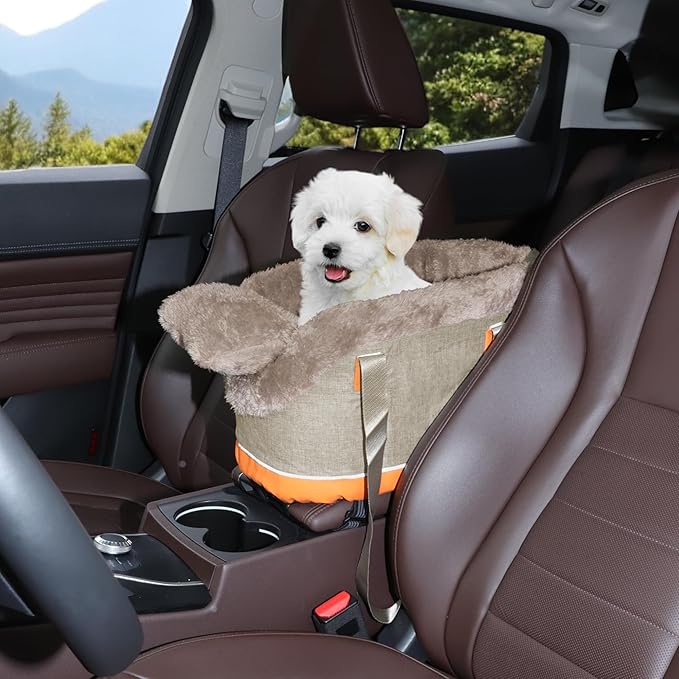 Console Dog Car Seat - Portable Booster for Small Pets, Detachable Washable Front Seat, for Cats and Dogs, Khaki