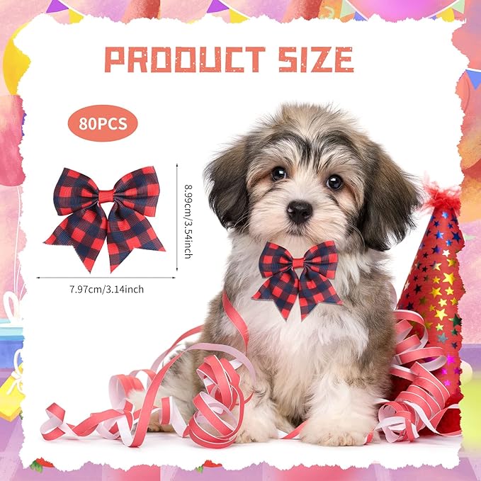Wesiti 80 Pcs Dog Bows Ties for Small Dogs Assorted Pattern Pet Bowtie Collar Bows Cat Bowtie Collar Bowknot for Small Medium Puppy Pet Photography Grooming Party(Plaid Bowknot)