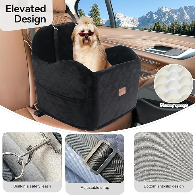 Juniverse Dog Booster Car Seat for Small to Medium Dogs Up to 30 lbs, Memory Foam, Washable Velvet Fabric Cover, Safety Leash, Storage Pockets, 19x19x19 Inches (Black)