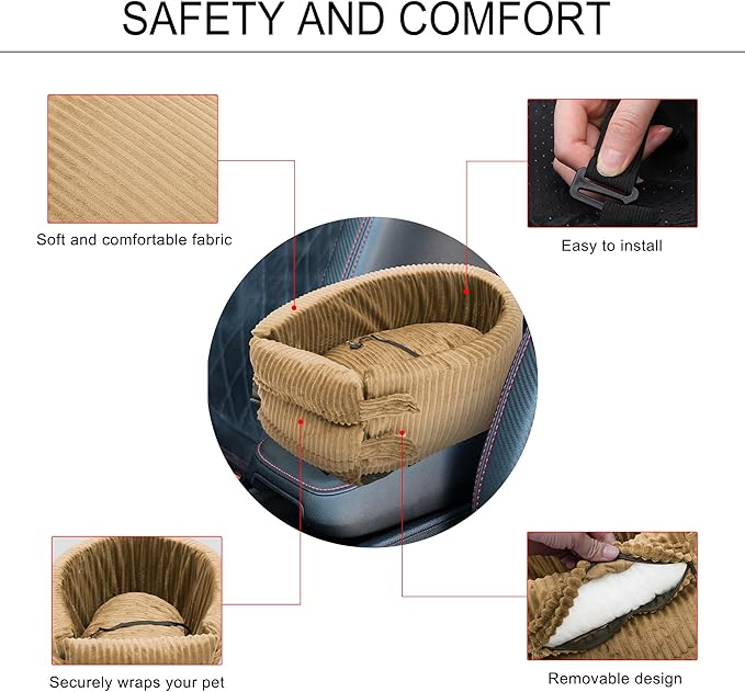 X AUTOHAUX Dog Car Seat Seat Adjustable Straps for Medium Small Sized Puppy Cat Seat Pets Soft Non Slip Bottom Travel Bed Corduroy Khaki
