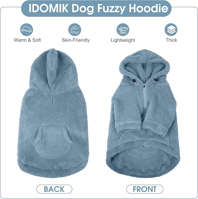 IDOMIK Fuzzy Dog Sweater with Adjustable Hood, Warm Fleece Dog Sweater Hoodie with Harness Hole & Pocket, Pullover Sweaters for Large Dogs, Fuzzy Hooded Sweatshirt for Fall Winter Christmas,Blue,XL