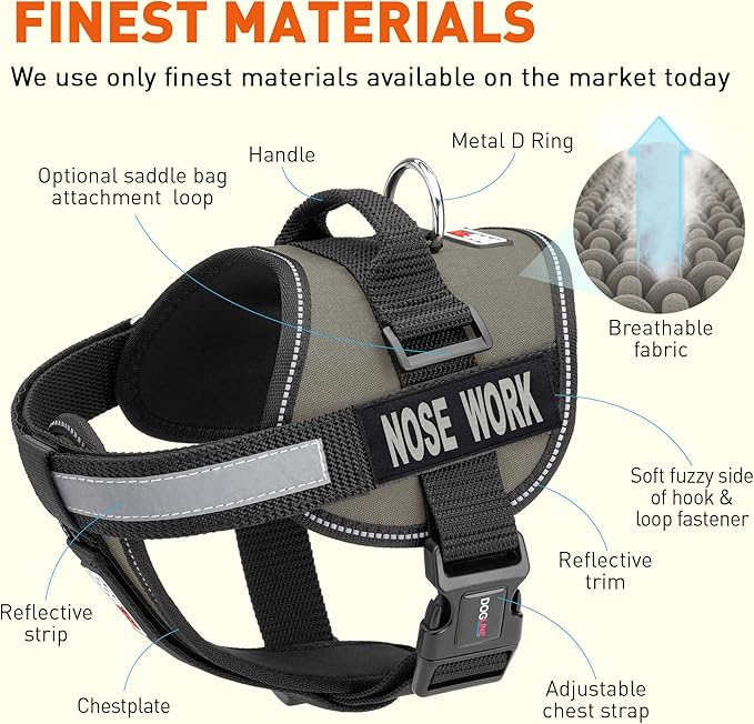 Dogline Unimax Dog Harness Vest with Nose Work Patches Reflective No-Pull, Adjustable Straps, Breathable Neoprene for Medical, Service, Identification and Training Dogs Girth 36 to 46" Gray