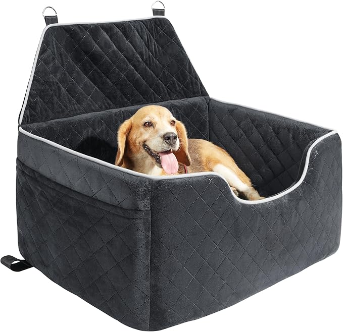 Happybuy Dog Car Seat, Dog Booster Seat for Car with A Storage Pocket, Pet Car Seat with Clip-On Safety Leash, Sponge Filling, Dog Car Bed for Medium & Large Dog up to 55 lbs, Black