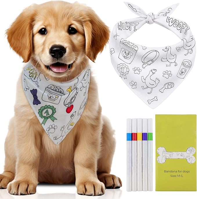 Customizable Dog Bandana with 4 Fabric Markers | DIY Handkerchiefs for Kids & Pets | Washable Scarf for All Types of Breeds | Gift-Ready Accessory (M-L)