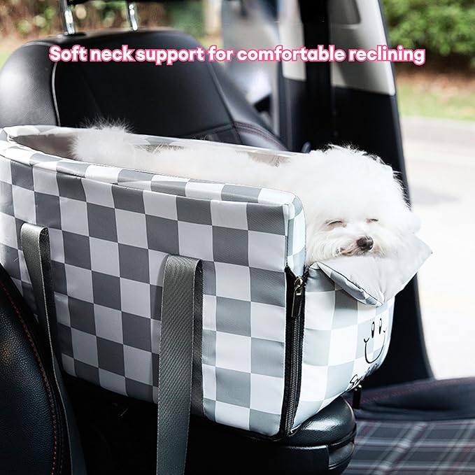 Center Console Dog Car Seat for Pets Up to 15 lbs, Detachable, Washable Cushion, Anti-Slip, Perdurable Oxford Fabric Dogs Cats Portable Travel Carrier, Safety Belt Leash (Grey Plaid, 45cm*25cm*22cm)