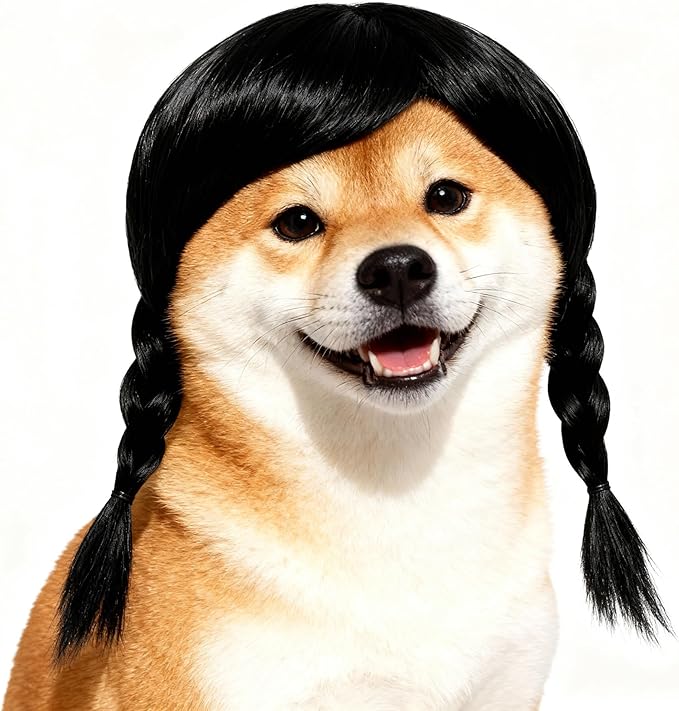 Funny Black Double Ponytail Dog Wig with Adjustable Strap - Pet Cosplay Accessory for Dog & Cat, Halloween, Christmas, Parties, Festivals & Gag Dress Up - Fits Small Medium Large Dogs