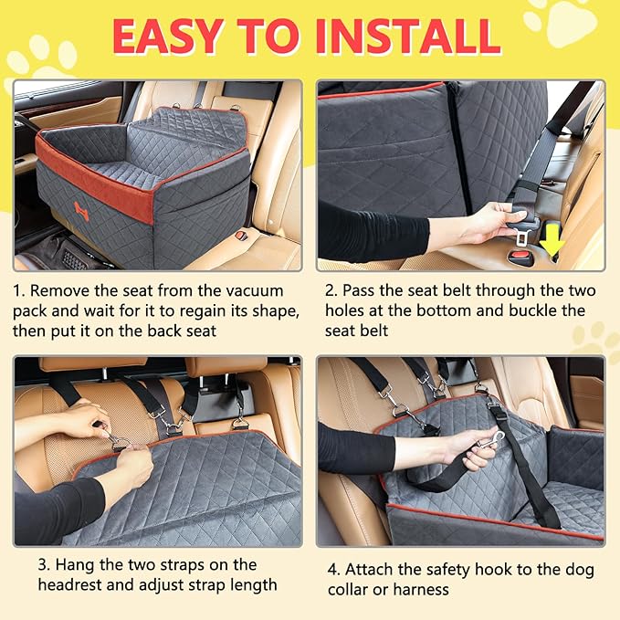 PetsHome Dog Car Seat for Medium Large Dogs, Detachable Washable Pet Booster Seat with Memory Foam Cushion, Side Pockets, 2 Clip-On Safety Leashes Pet Car Seat for Dog Up to 60 lbs/2 Small Dogs-Grey
