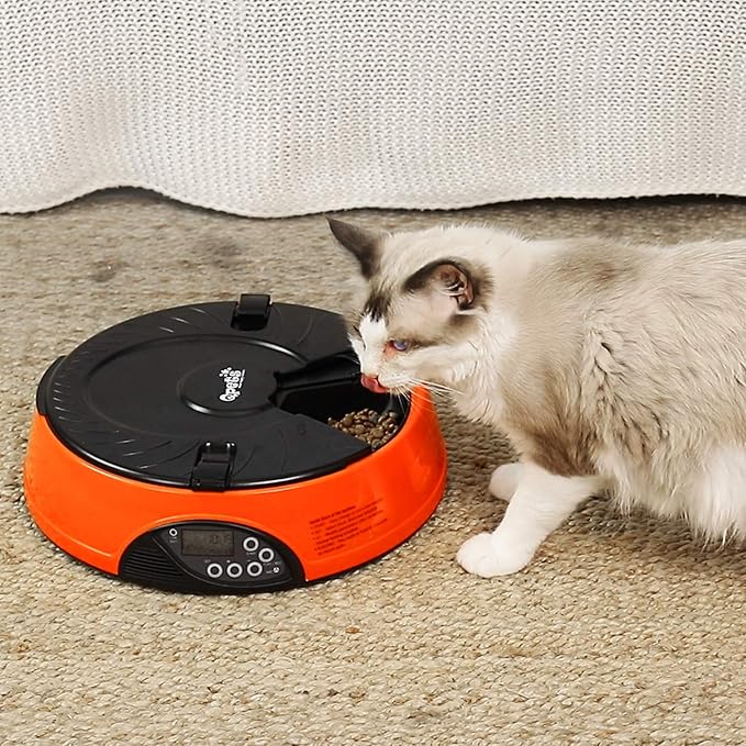 Qpets AF-108 Plus Automatic Cat Feeder, 6-Meals Food Dispenser for Cats and Small Dogs, Programmable Timer, Automatic Pet Feeders, Portion Control, Holds Dry Food, Voice Recorder Up to 6 Meals per Day